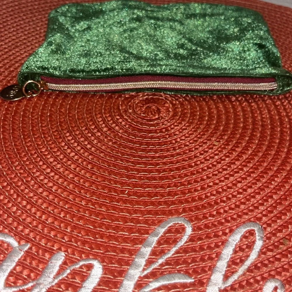 Ipsy Glam Bag Green Velvet W/Metal Zipper, Christmas Makeup/Storage Clutch Bag